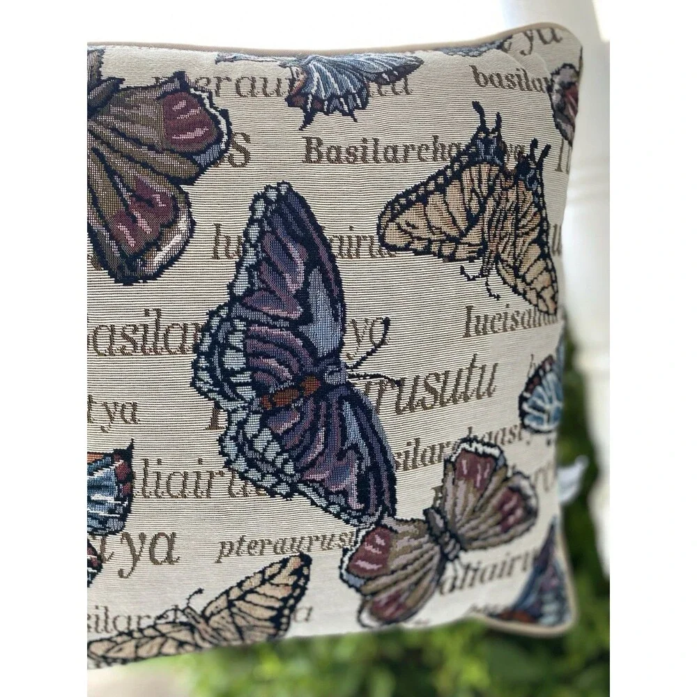 Riverdale Tapestry Throw Butterfly Pillow Butterflies Nature Fall Tan 16x16 EUC